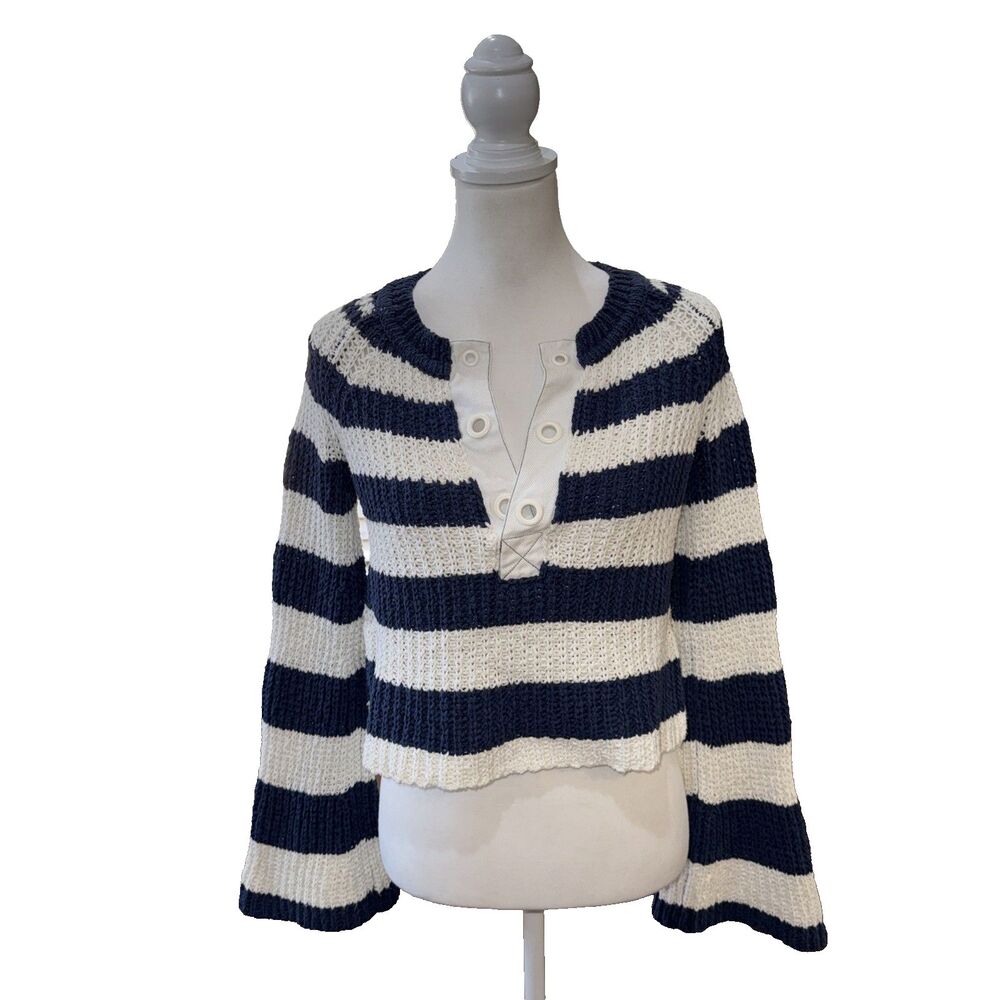 Pilcro Anthropologie Striped Cropped Henley Sweater Nautical Bell Sleeve XS